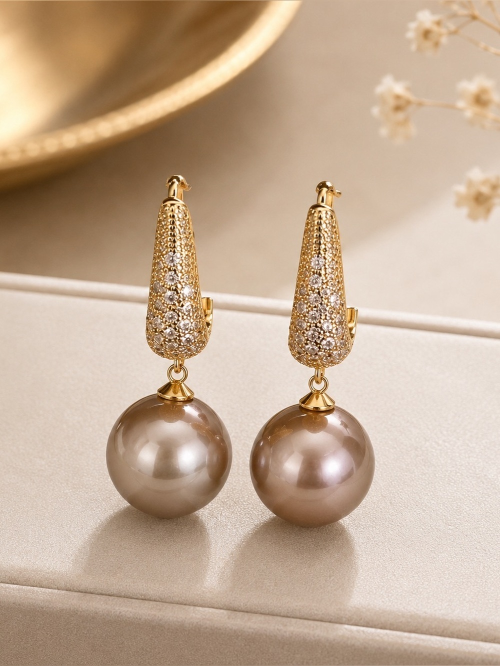 Gold Tone Pavé Hoop Drop Earrings with Champagne Pearl Rhinestone Statement